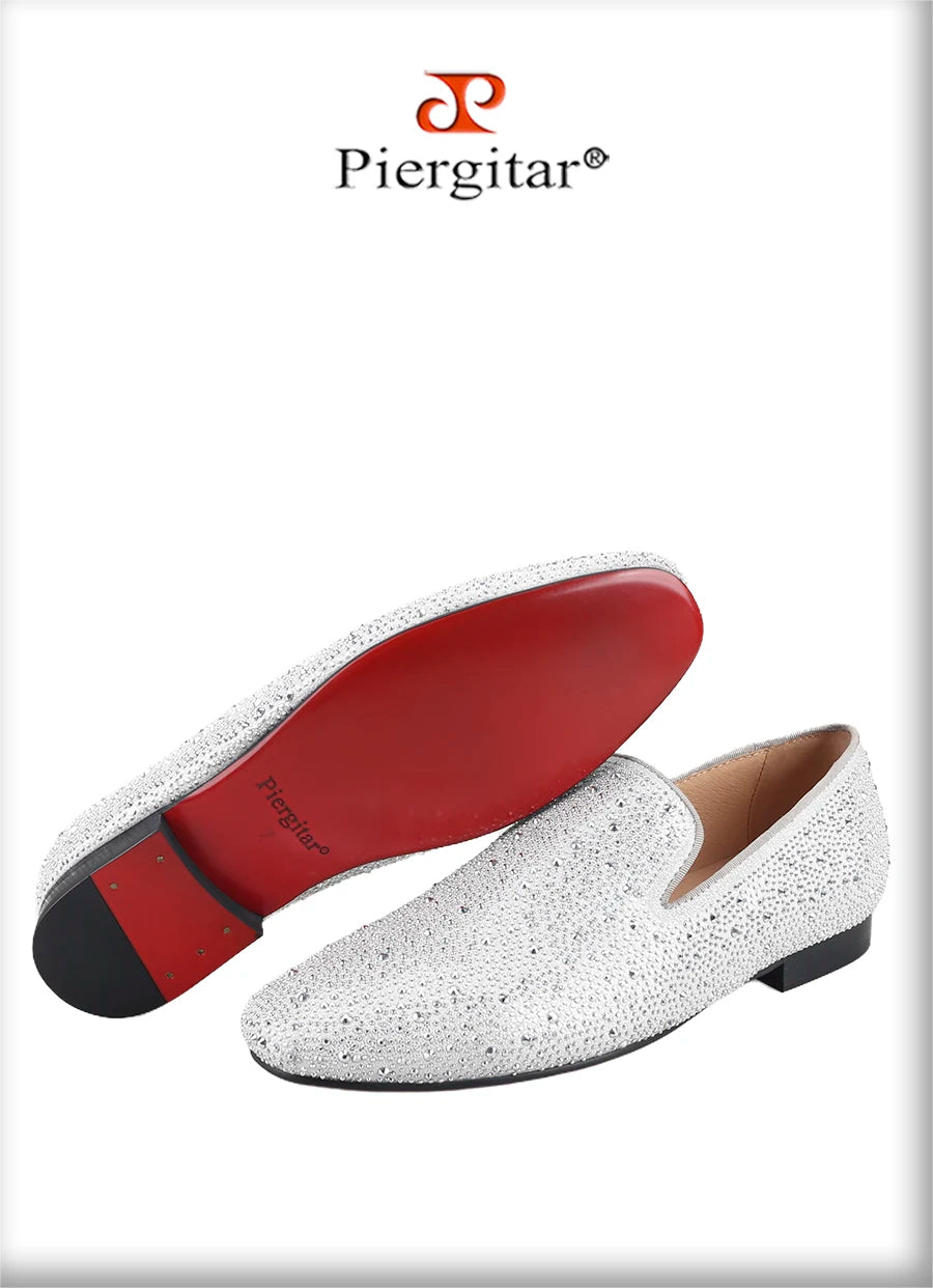 Piergitar Sliver Genuine Leather Men's Loafers With Handmade Bright And Shiny Rhinestones For Fashion Party/Banquet Red Bottom