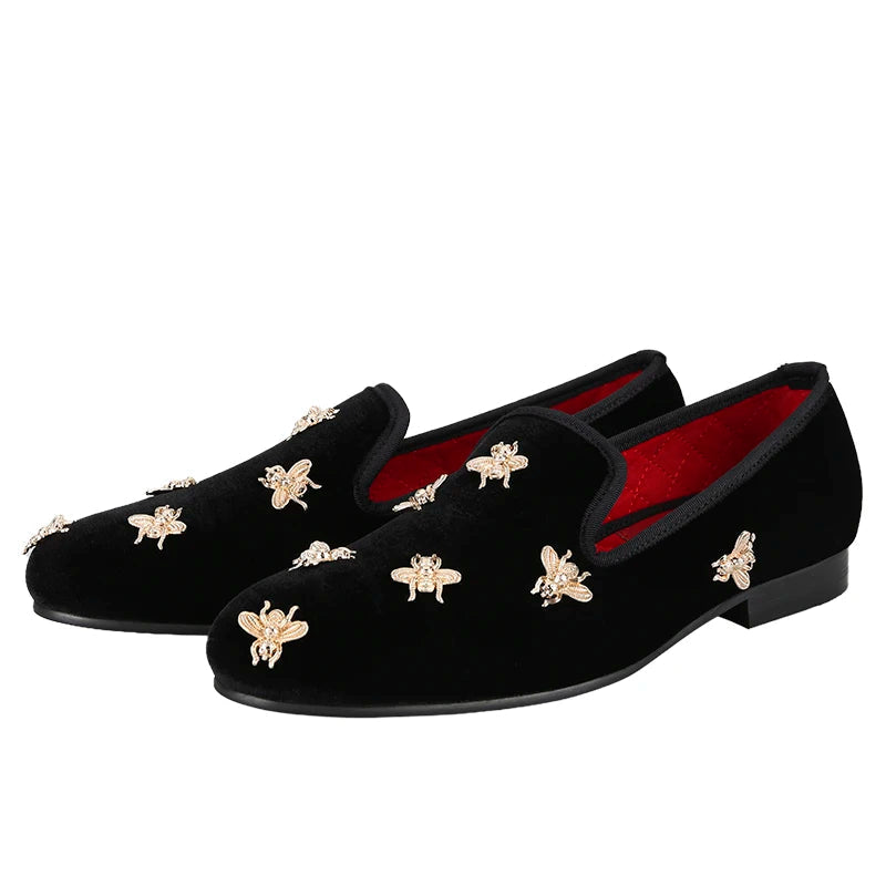 Black color velvet slip-on shoes with customized gold bees metals Italian luxury brand same model men's loafers