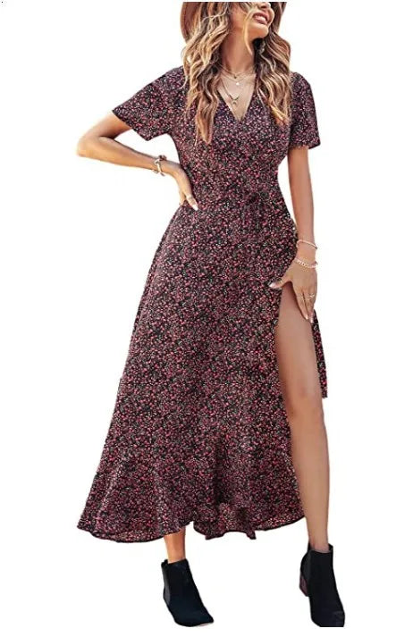 2025 Summer Women's Short-sleeved Dress V-neck Floral High Waist Slim and Stylish Bohemian Pleated Long Skirt