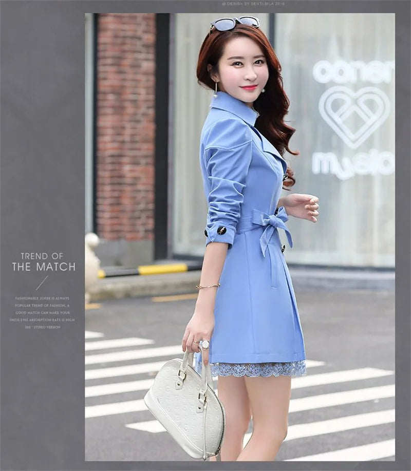 2025Spring Autumn New Windbreaker Coat Women Fashion Slim Mid Long Lace Trench Coat Female Casual Double-breasted Outerwear Tops