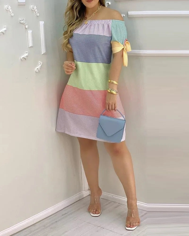 3XL Women's Casual Gradient Off Shoulder Short Sleeve Dress Bow Print Mini Dress