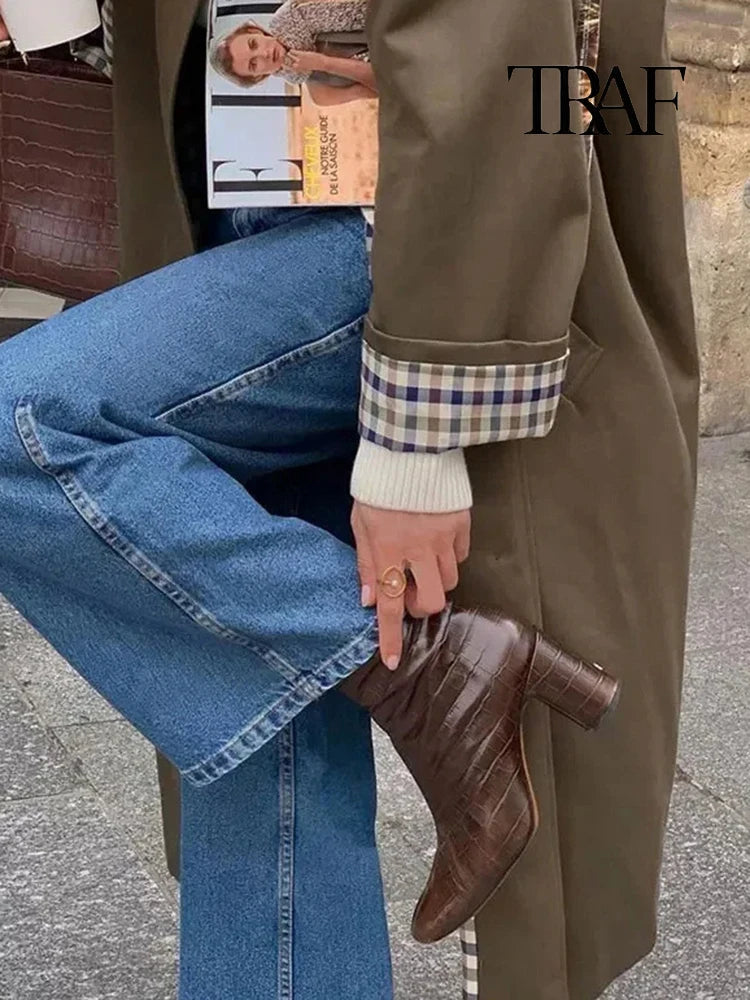 TRAF Women's Fashion Long Trench Coat Retro Loose Single-breasted Coat Autumn and Winter Lapel High Street Temperament Coat