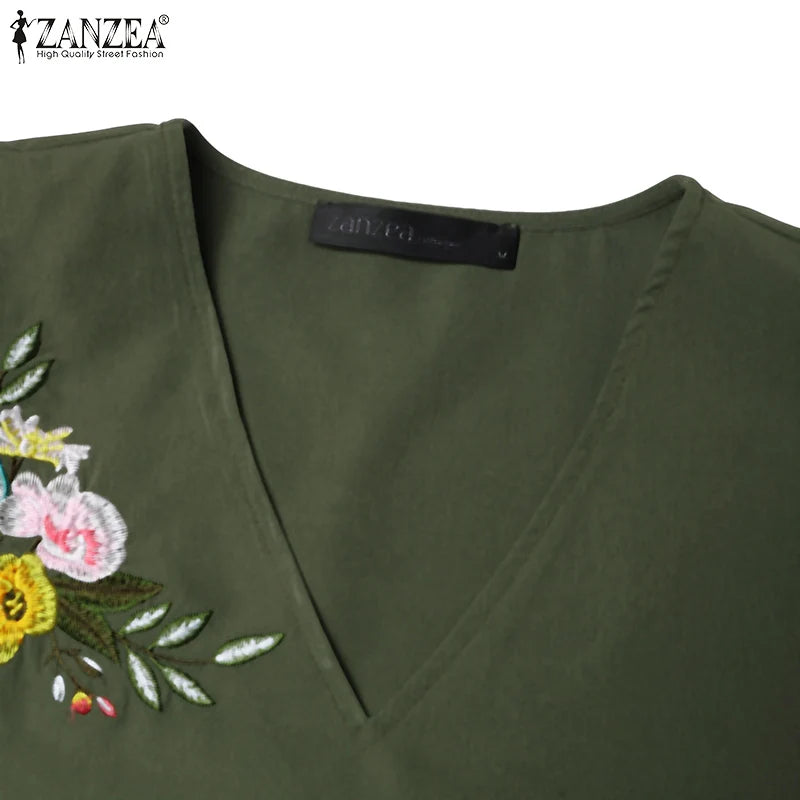 Women's V-Neck Floral Embroidery Midi Dress