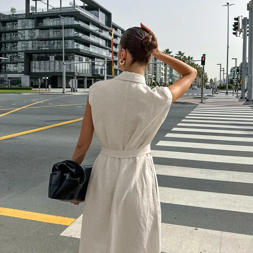 2025 Autumn New Style Commuter Long Skirt For Women Elegant Fashionable Solid Color Lapel Sleeveless High Waist Lace-up Dress