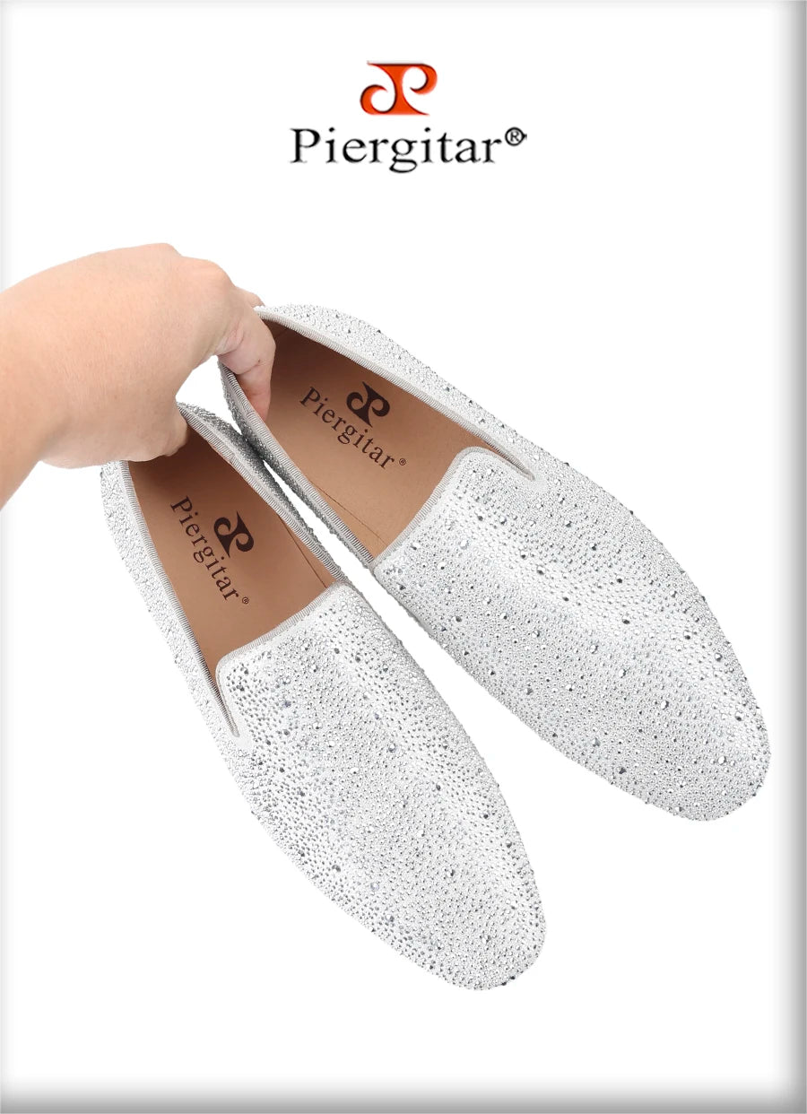 Piergitar Sliver Genuine Leather Men's Loafers With Handmade Bright And Shiny Rhinestones For Fashion Party/Banquet Red Bottom