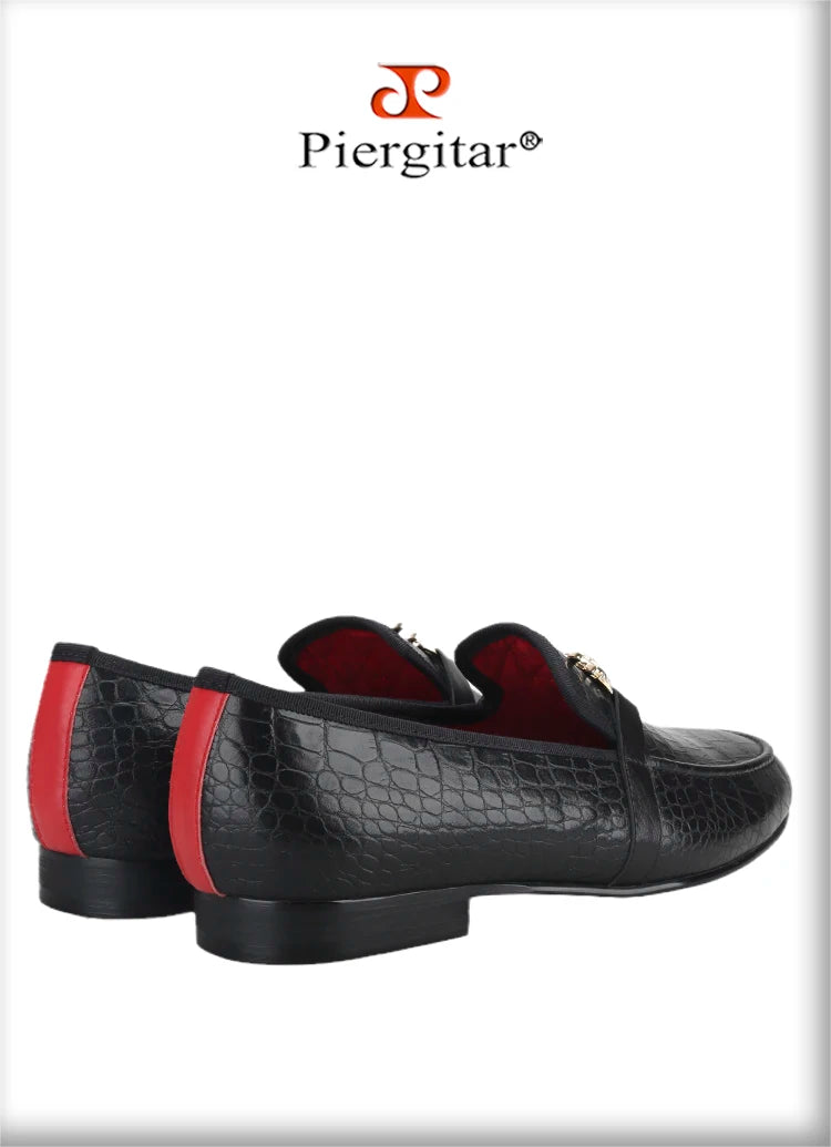 Piergitar Black Cow Leather Men Smoking Slippers Fashion Metal Buckle Handmade Slip-On Loafers For Wedding And Party Plus Size