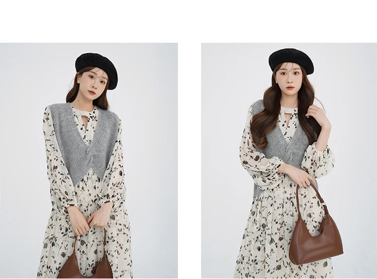 Floral Midi Dress Women Sweet A-Line Long Sleeve Hollow Out Dress Elegant High Waist Casual Long Dress Daily or Vacation Outfits