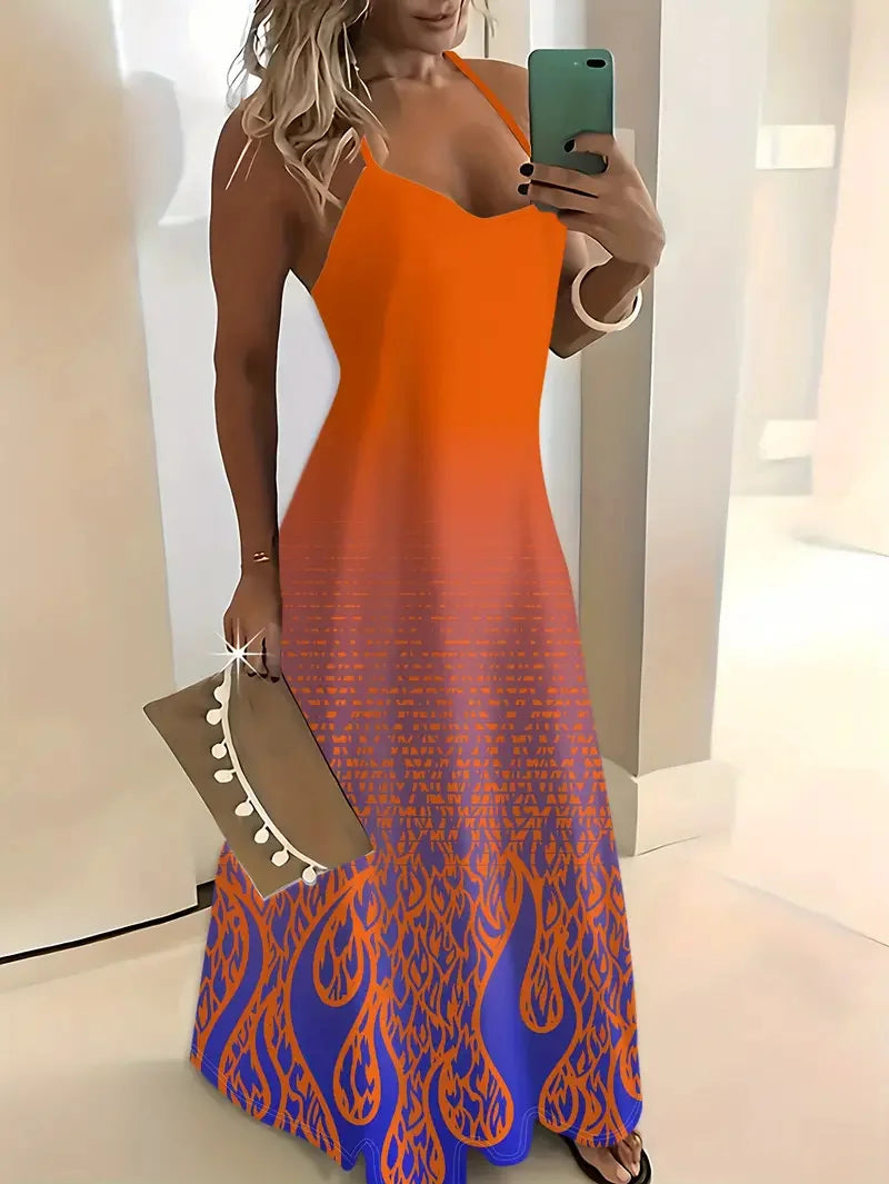 Summer Fashion Loose Women's Long Dress Colorful Botanical Flower Print V-Neck Print Casual Long Dress Bohemian Beach Dress