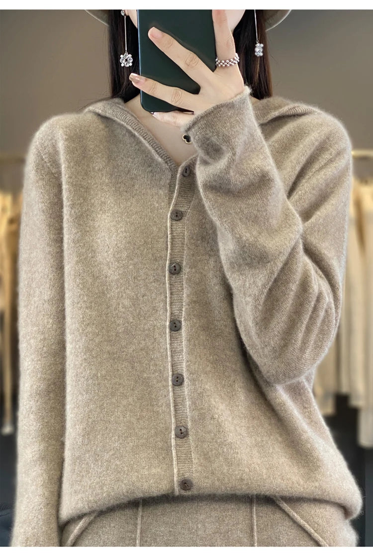 First Line 100% Merino Wool Knitted Cardigan Women's Autumn And Winter Hoodie Loose Sweater Fashionable Versatile Coat Top YC014