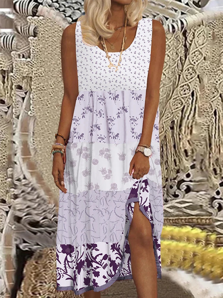 Plus Size Floral Printed Sleeveless Midi Dress