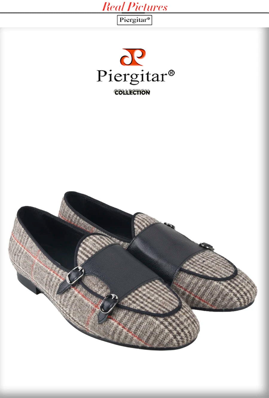 Piergitar 2024 Summer Style Plaid Cotton Men's Loafers Handmade Stitching Metal Buckle Monk Slippers Breathable Leather Insole