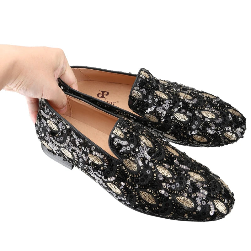 Mens smoking slippers handmade with leather insoles and gold and black glitter beads