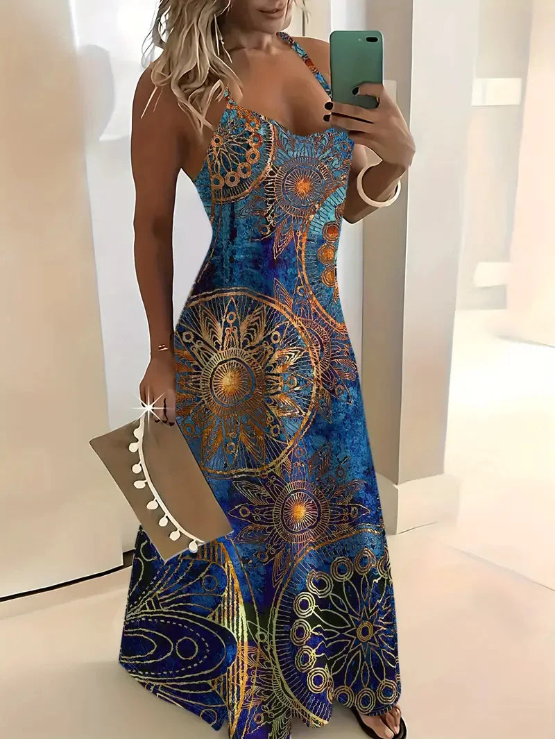 Summer Fashion Loose Women's Long Dress Colorful Botanical Flower Print V-Neck Print Casual Long Dress Bohemian Beach Dress