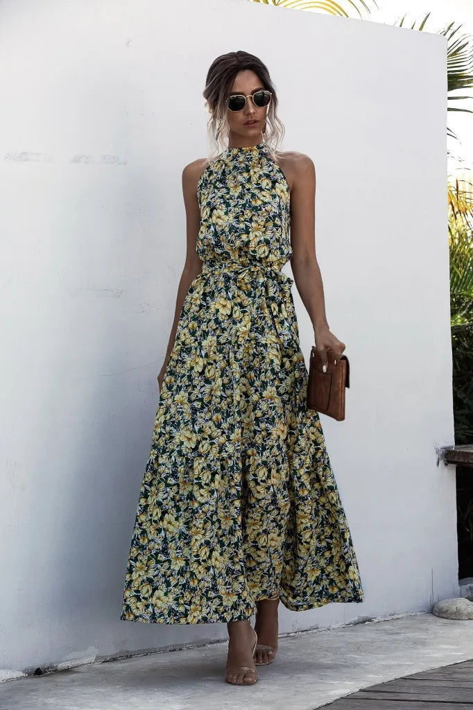 2025 Top Selling Women's Dress Elegant and Sexy Office Commuting Travel Leisure Wave Point Printed Neck Strap Dress Long Skirt