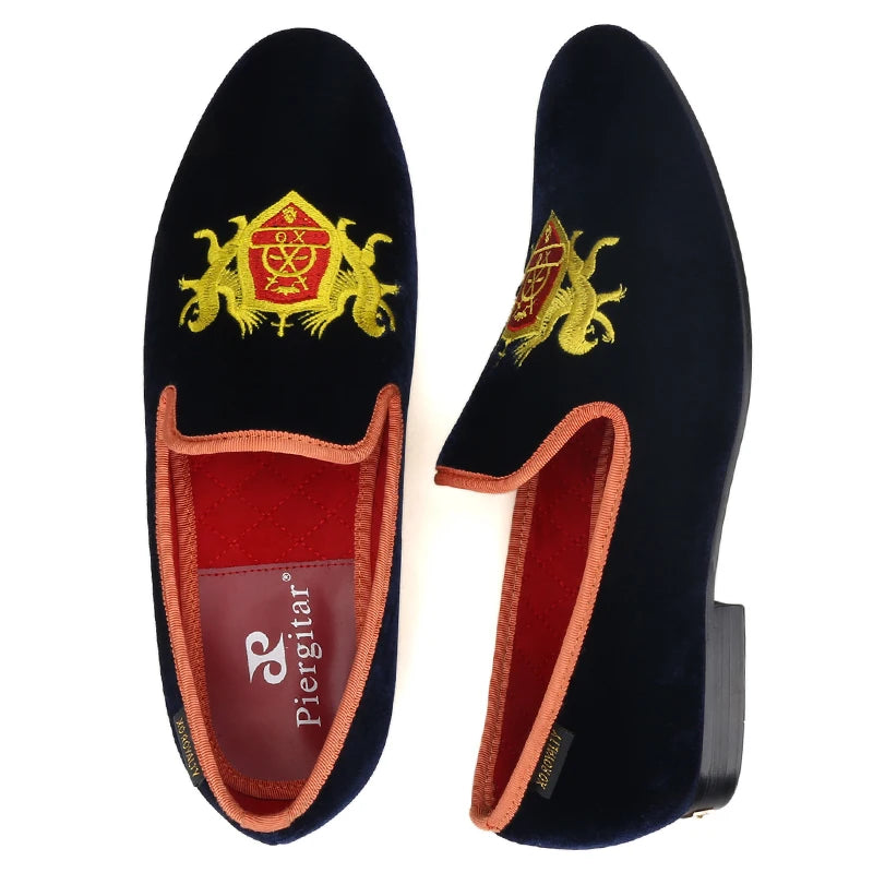 Piergitar British Style Embroidery Navy Velvet Shoes With Gold Outsole Handmade Men Loafers Slip-On Smoking Slippers For Party