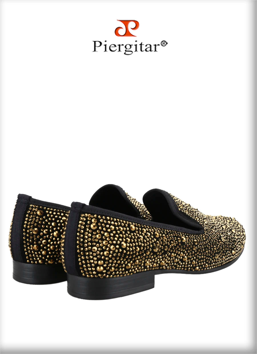 Piergitar 2024 Gold Crystals On Black Suede Slip-on Smoking Slippers Handmade Men's Loafers For Luxury Evening Party And Prom