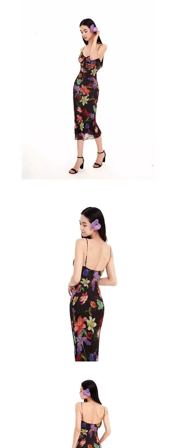 Black Tropical Maxi Dress 2025 Women Sleeveless Bodycon Mesh Dress Jungle Print Backless Evening Dress Dark Flora Aesthetic