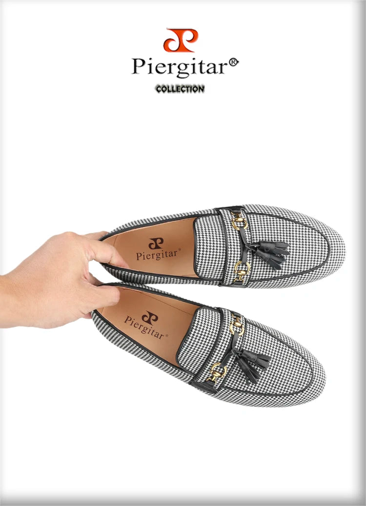 Piergitar 2023 Black And White Wool Houndstooth Slippers With Metal Horsebits Leather Tassels Men's Loafers Handmade Moccasins