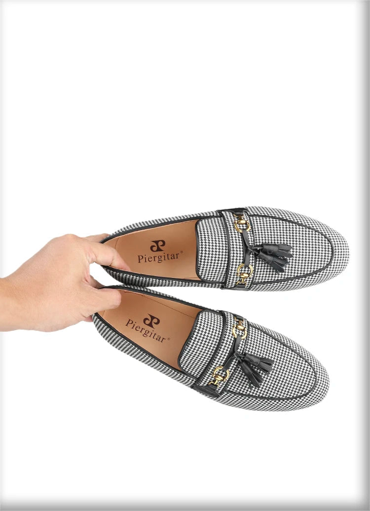 2023 Black And White Houndstooth Wool Slippers with Leather Tassels and Metal Horsebits for Men's Loafers