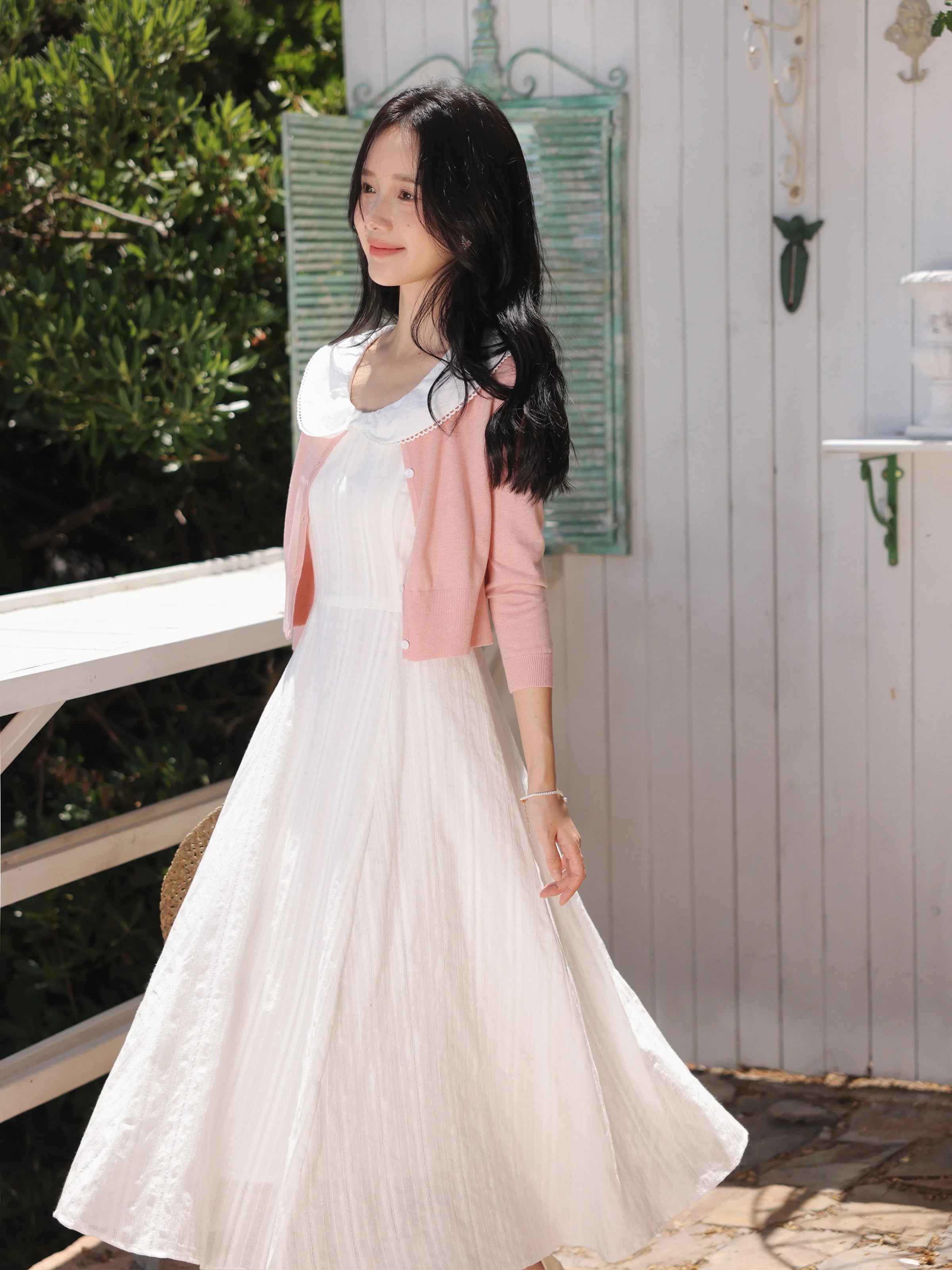 White Bow Jacquard Sundress Women Sweet Summer A-Line Dress with Tie Straps Petite Fit Flowy Midi Dress Cute Vacation Daily Wear
