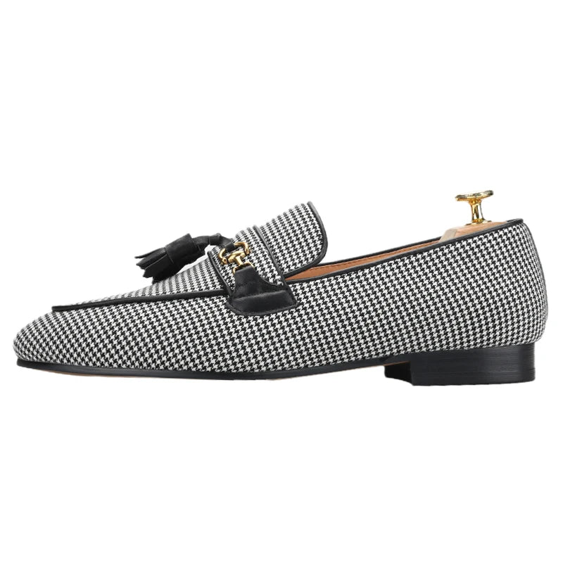 2023 Black And White Houndstooth Wool Slippers with Leather Tassels and Metal Horsebits for Men's Loafers