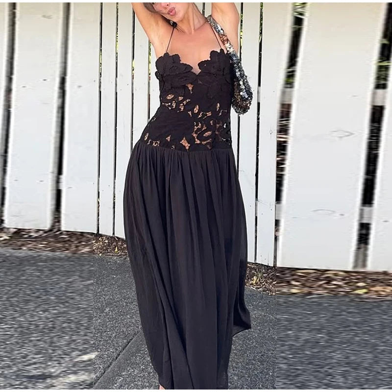 Women's Sleeveless High Waist Pleated Hollow Lace Dress
