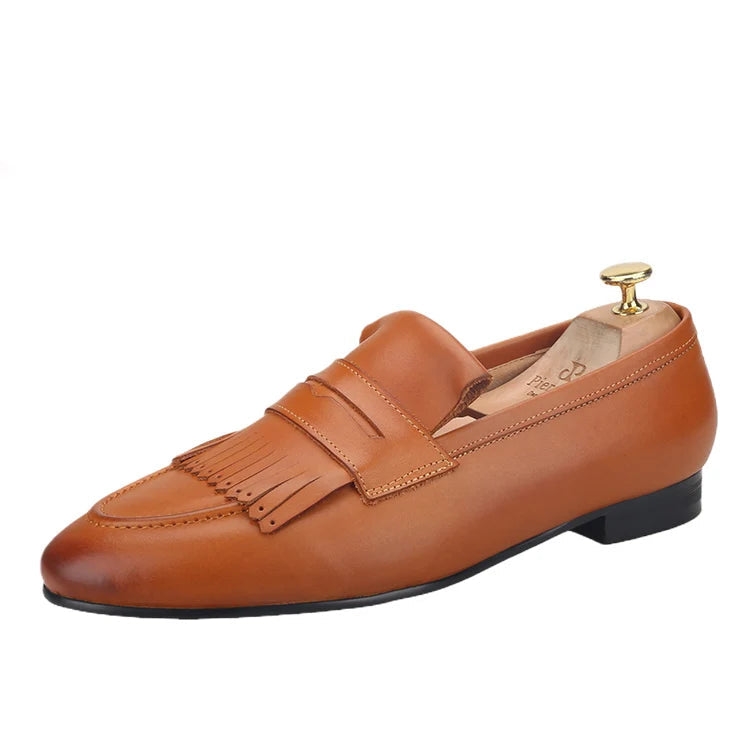 Yellow and Brown Colors Calfskin Slip-On Mens Dress Shoes for Party Handmade Male Smoking slippers