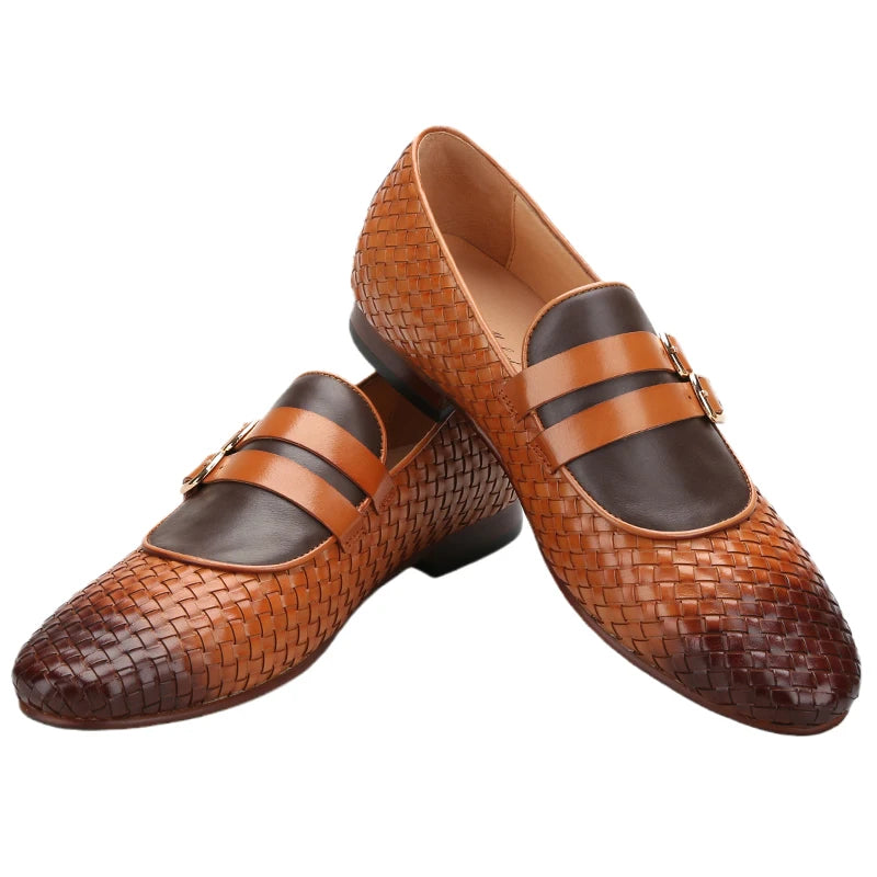 Men's Hand-Rubbed Brown Woven Calfskin Monk Shoes with Cross-Tied Handmade Loafers Genuine Lining