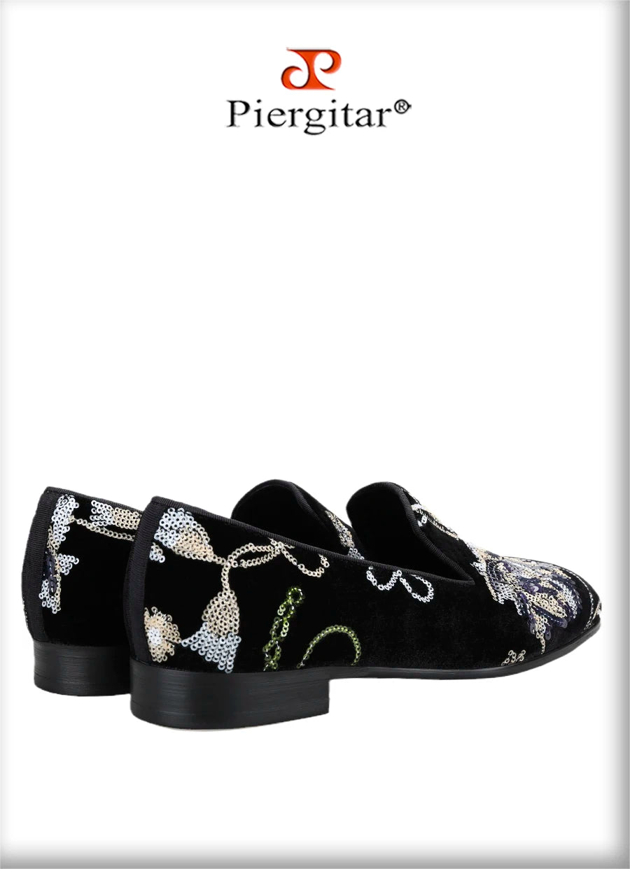 Piergitar Black And Grass Green Velvet With Handmade Classical Chinese Style Sequin Embroidery Men's Loafers Red Sole Moccasins