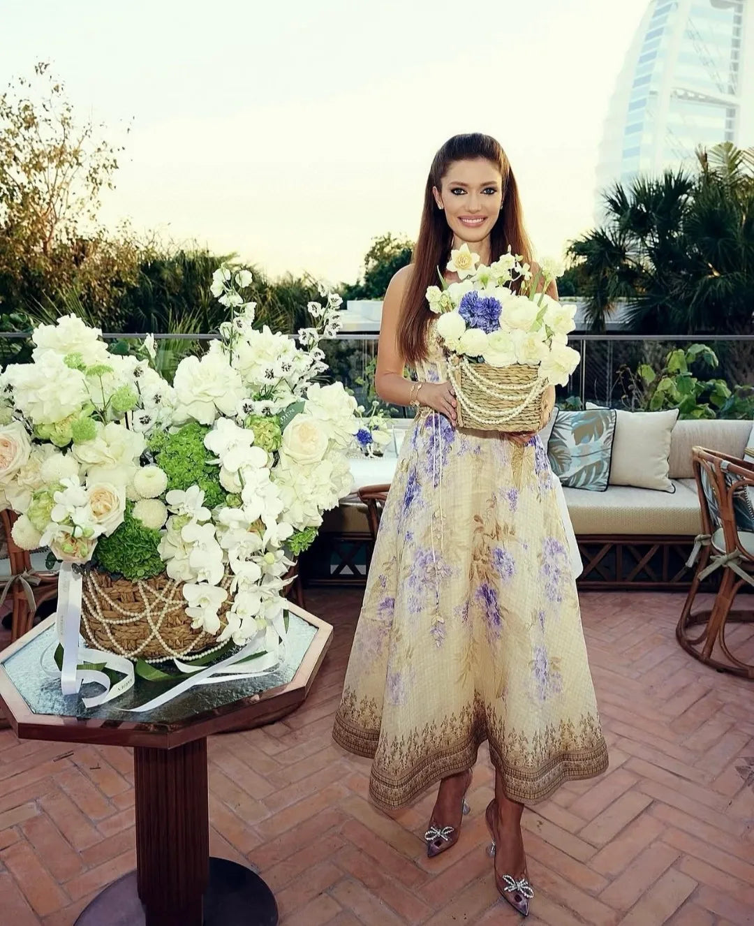2025 New French High Quality Luxury Chic Dress Appliques Floral Print Spring Summer Strapless Women Holiday Spaghetti Midi Dress