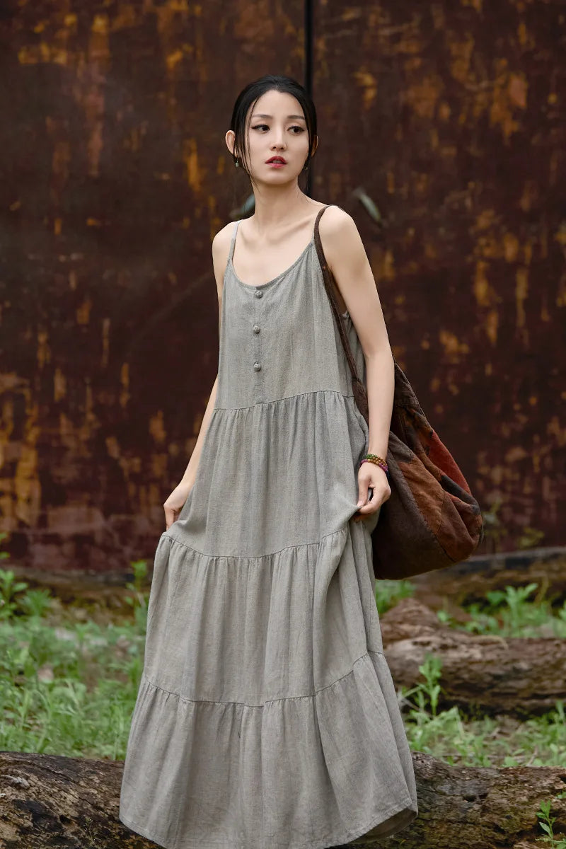 Cotton Linen Long Spaghetti Strap Dress
