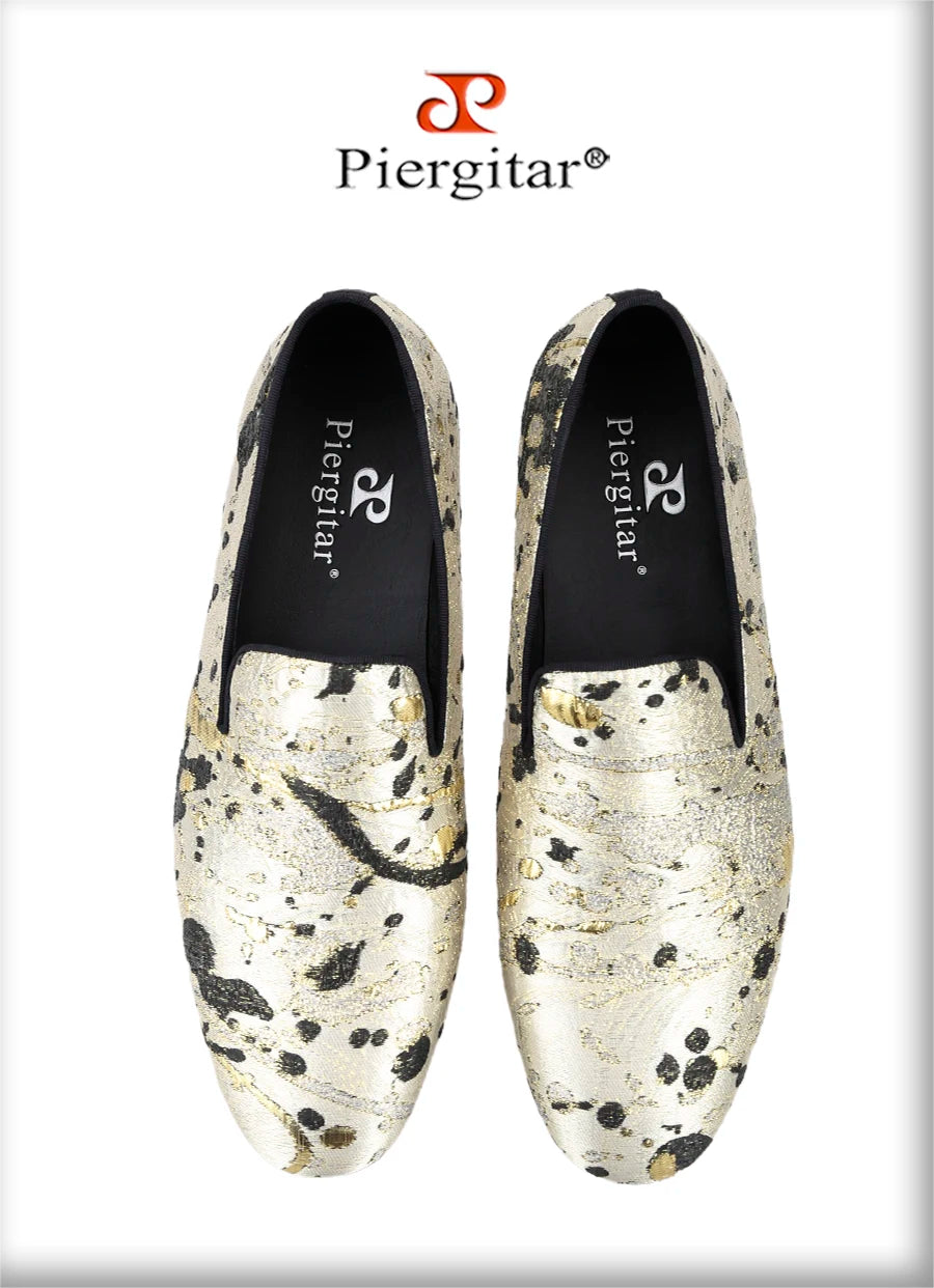 Piergitar Gold Color Ink Embossed Silk Men's Loafers Slip-On Model Handmade Moccasins For Wedding Breathable Leather Insole
