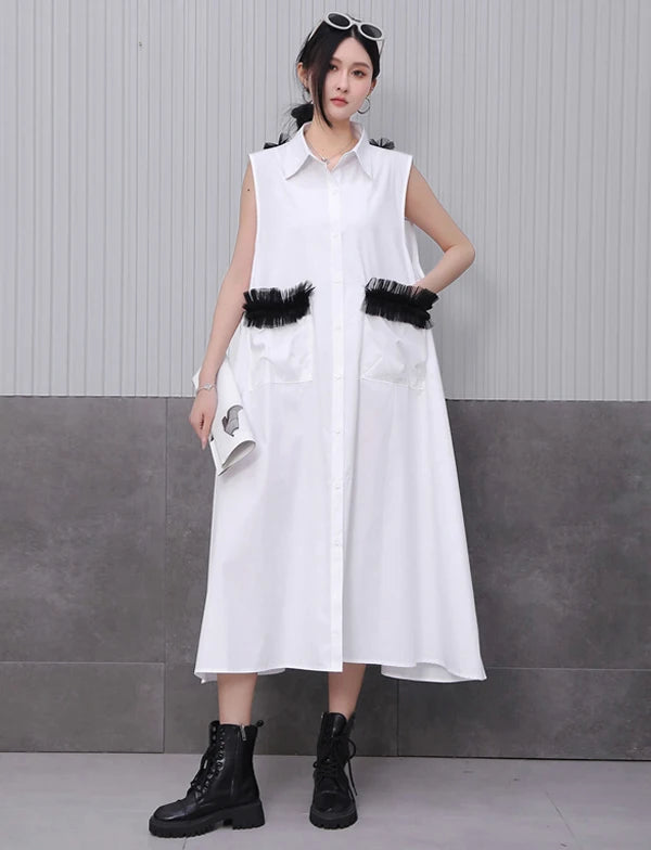 Front Pocket New 2025 Summer Korean Style Woman Black Sleeveless Shirt Dress Loose Fit Chic Holiday Casual Big Size Robe JKXD003