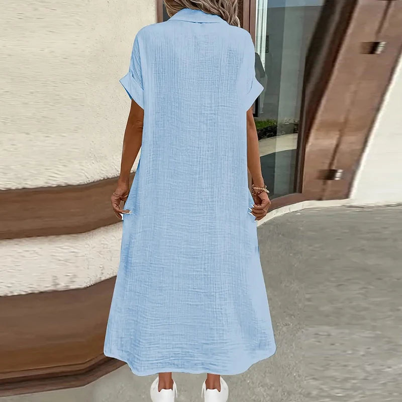 Women's Cotton Linen Short Sleeve Pocket Casual Shirtdress with V-Neck and Button Up Holiday Dresses
