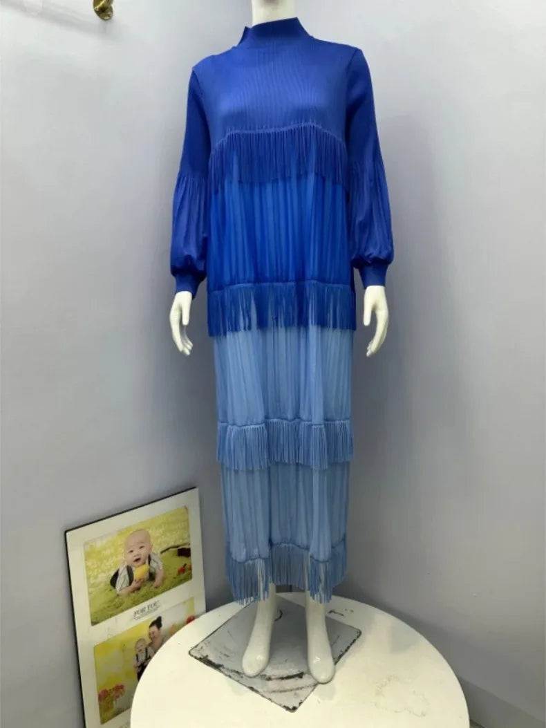 Women's Pleated Puff Sleeve Tassel Dress