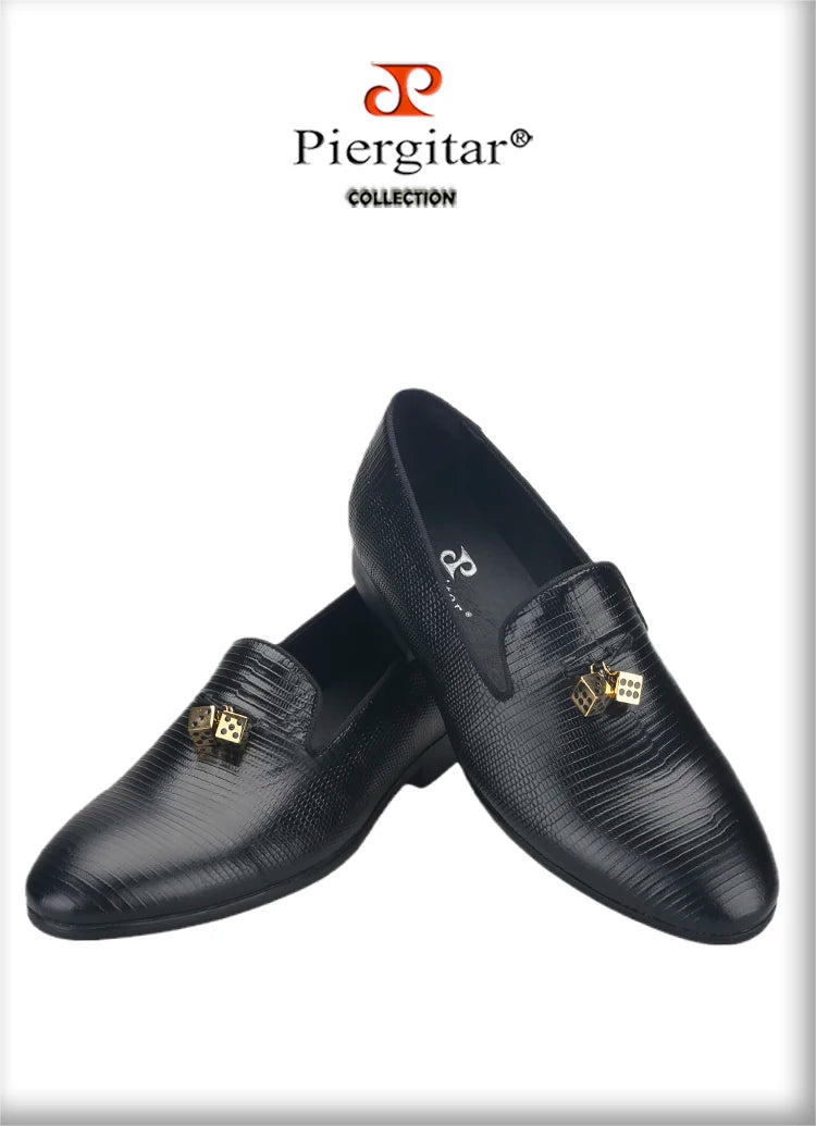 Piergitar Black Lizard Embossed Leather Men Loafers With Gold Titanium Steel Dice Buckle Tassels GZ Same Design Slip-On Moccasin