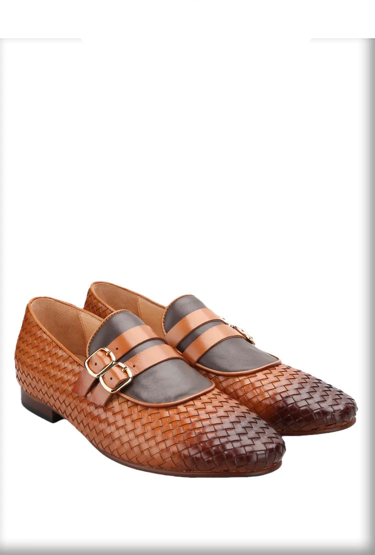 Men's Hand-Rubbed Brown Woven Calfskin Monk Shoes with Cross-Tied Handmade Loafers Genuine Lining