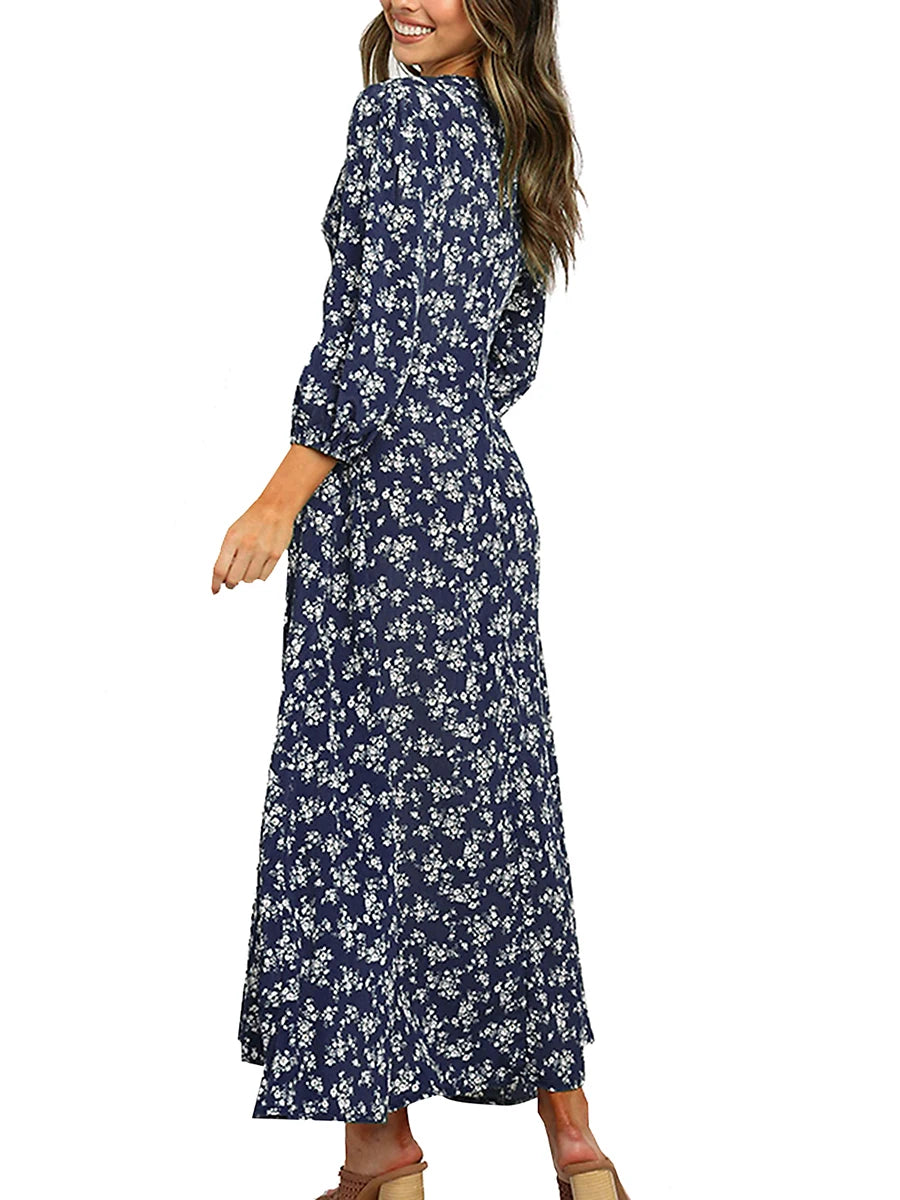 Women's Summer Bohemian Floral Print Long Maxi Dress Retro 3/4 Sleeve V-Neck Button Down High Waist Sundress Streetwear