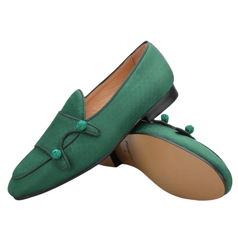 Chinese Imperial Style Silk Men's Monk Shoes Handmade Balls Buttons Slip-On Smoking Shoes