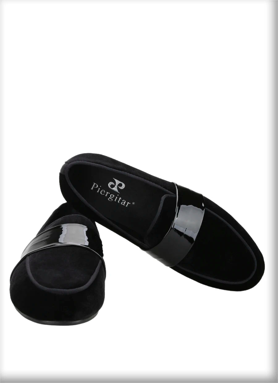 Classic Black Velvet Slip-On Men Shoes with Patent Leather Cross Strap Loafers for Fashion Party Wear