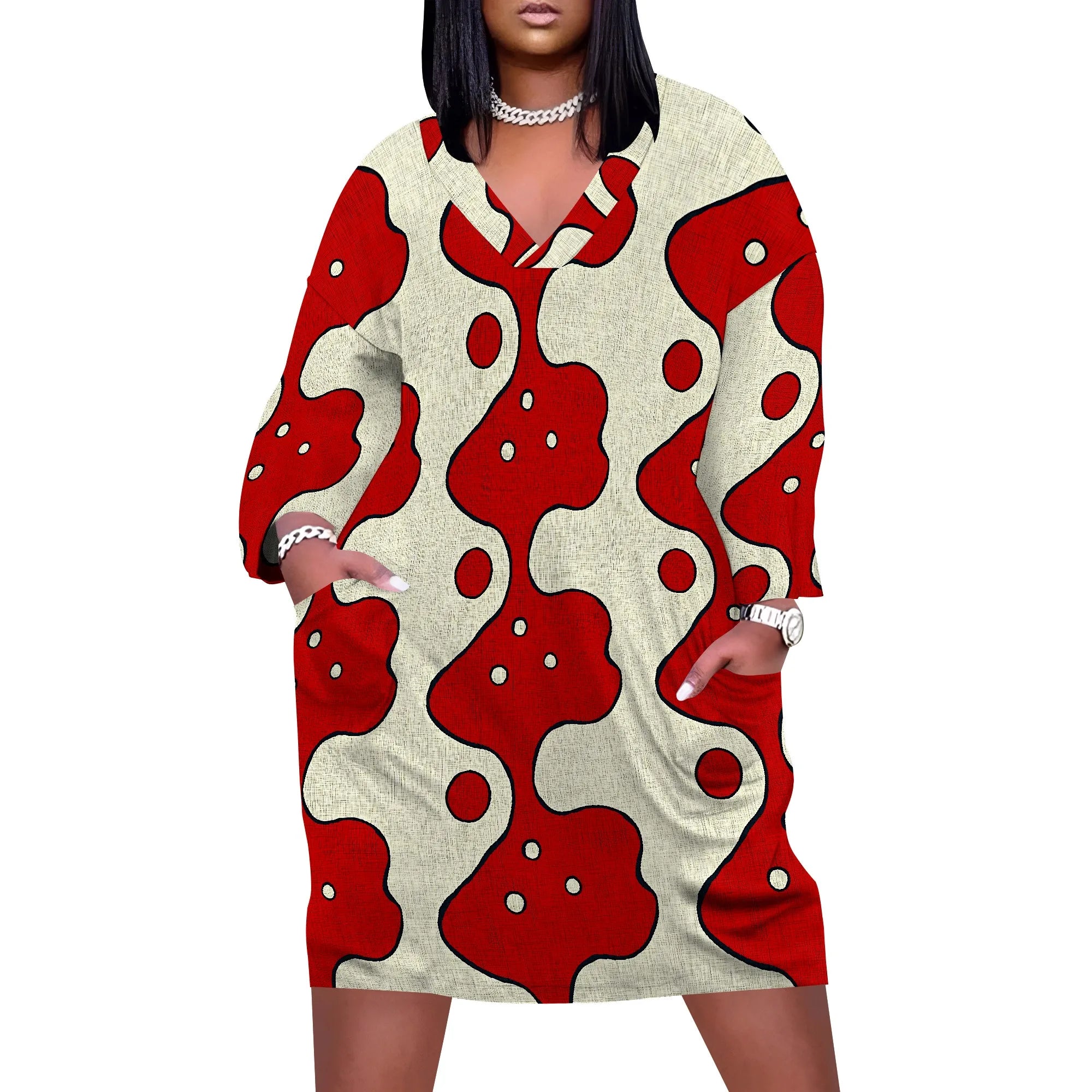 Plus Size Women's Abstract Print Dress XL-6XL, V-Neck Casual Dress for Fun and Bold Look