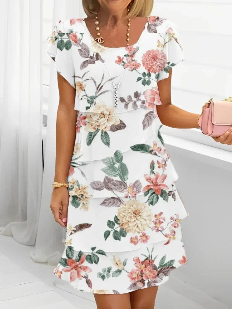 2025 Spring Chic Floral Print Chiffon Dress Woman Elegant Crew Neck Tierred Pleated Dress Summer Short Sleeve A-Line Party Dress