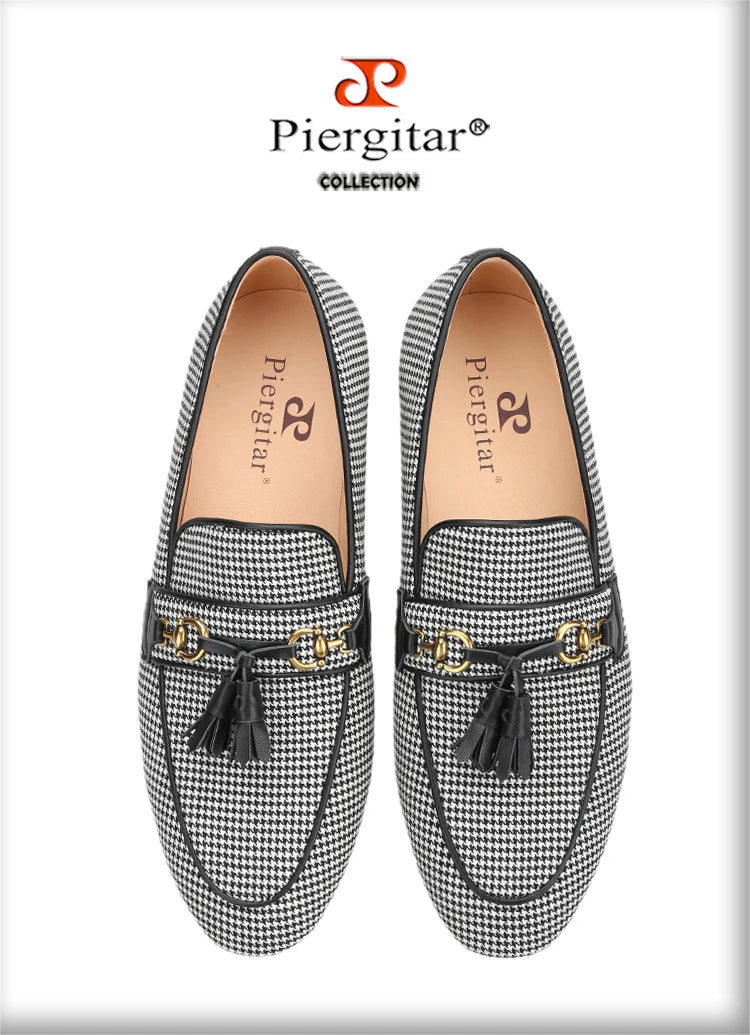 Piergitar 2023 Black And White Wool Houndstooth Slippers With Metal Horsebits Leather Tassels Men's Loafers Handmade Moccasins