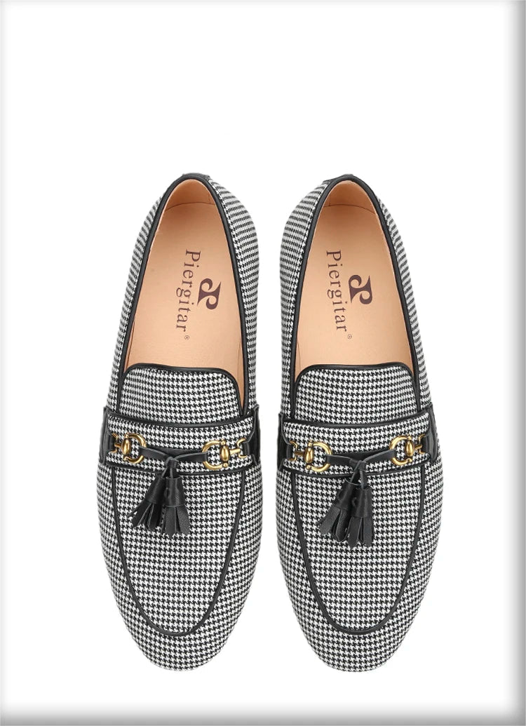 2023 Black And White Houndstooth Wool Slippers with Leather Tassels and Metal Horsebits for Men's Loafers