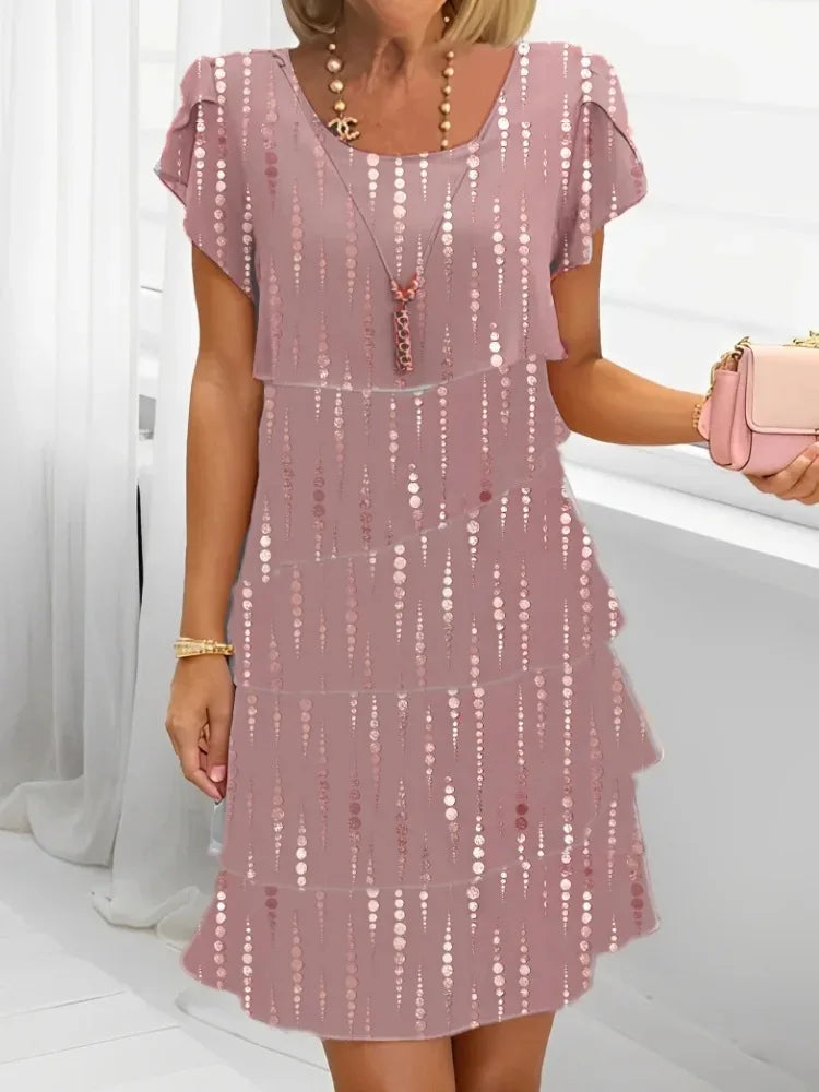 2025 Spring Chic Floral Print Chiffon Dress Woman Elegant Crew Neck Tierred Pleated Dress Summer Short Sleeve A-Line Party Dress