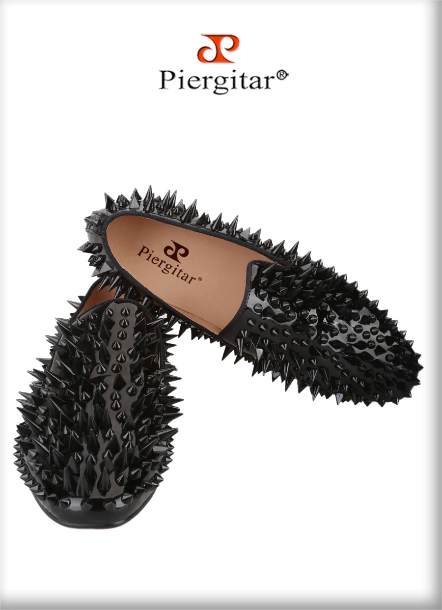 Piergitar Black Patent Leather Men's Loafers With Handmade Different Shapes Of Spikes For Fashion Party CL Brand Red Sole Shoes