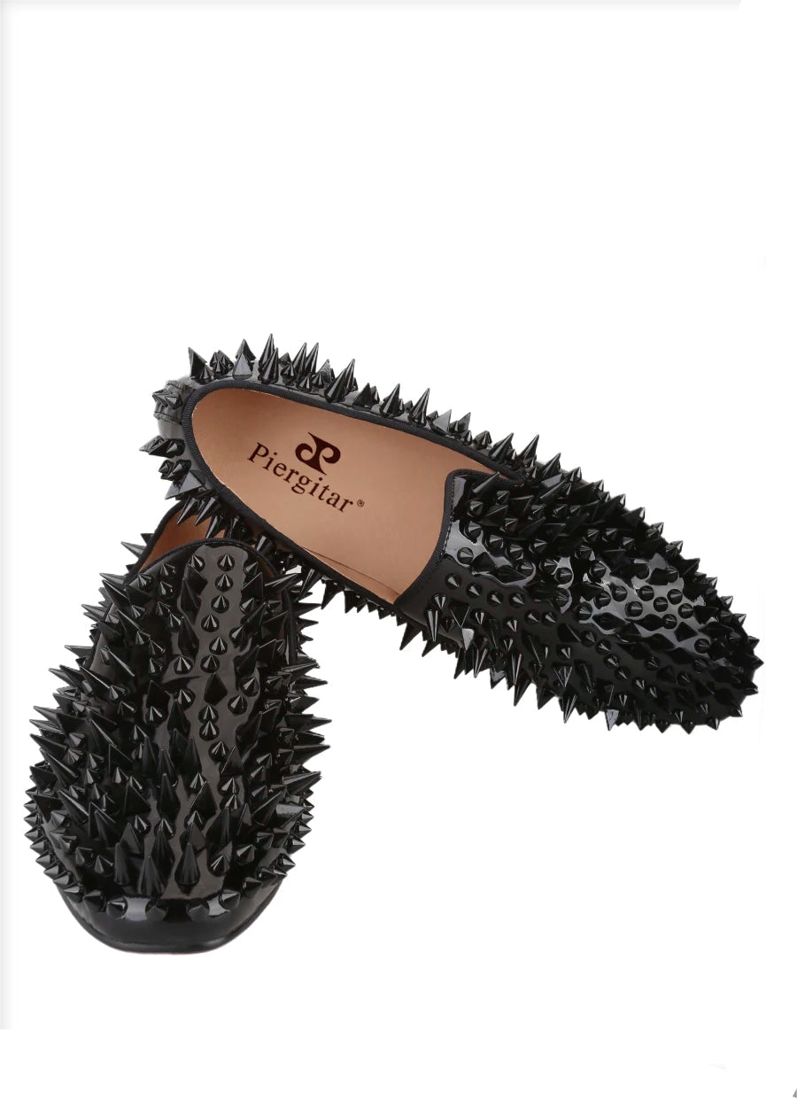 Black Patent Leather Loafers with Handmade Different Shapes of Spikes for Fashion Party CL Brand Red Sole Shoes
