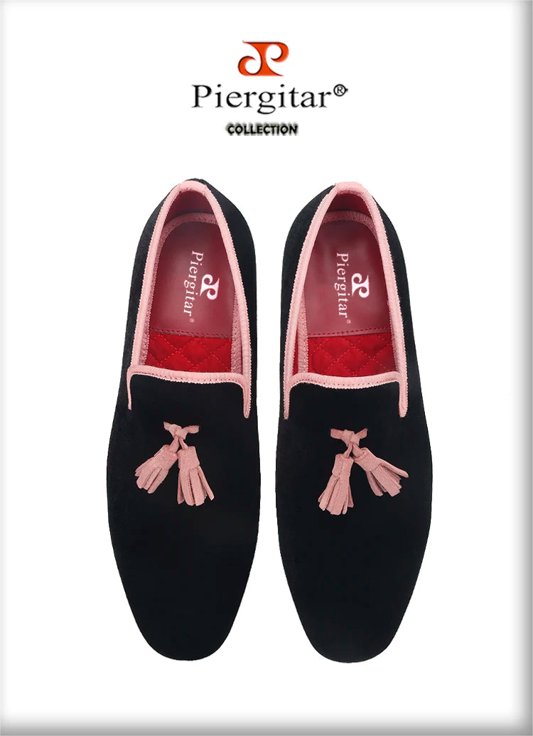 Piergitar 2023 Classic Black Velvet Slip-On Slippers Shoes Handmade Pink Suede Men's Loafers For Party And Wedding Plus Size