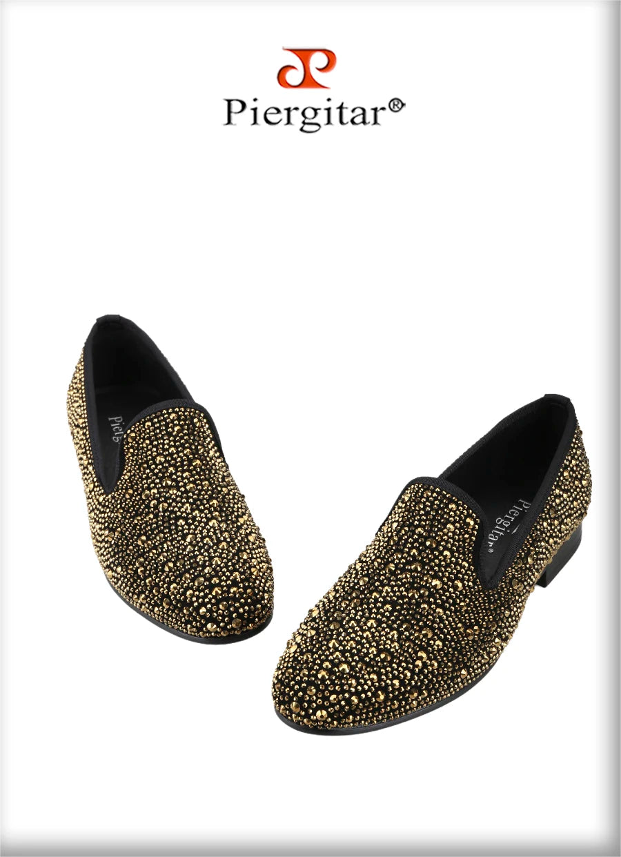 Piergitar 2024 Gold Crystals On Black Suede Slip-on Smoking Slippers Handmade Men's Loafers For Luxury Evening Party And Prom