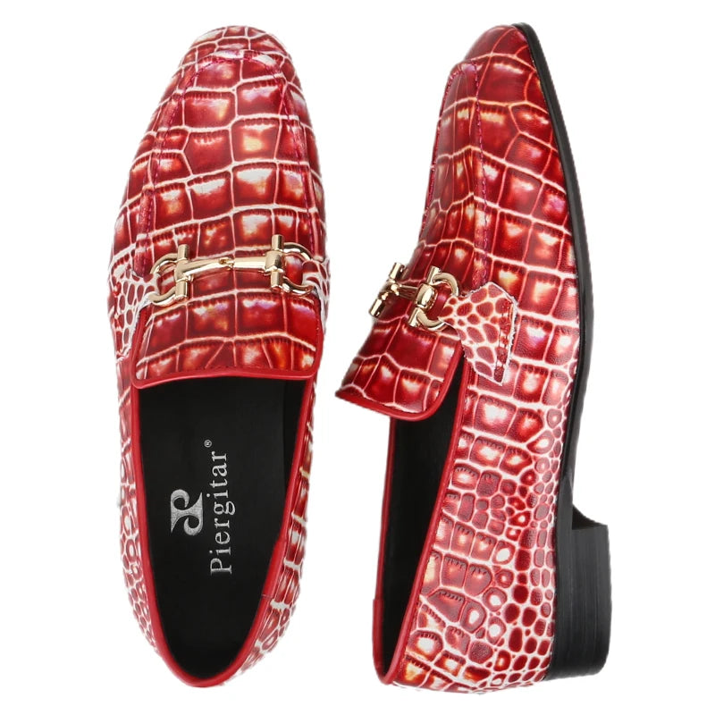 Piergitar Classic Model Gold Horsebits Men's Loafers Red And Light Green Crocodile Pattern Calfskin Handmade Slip-On Slippers